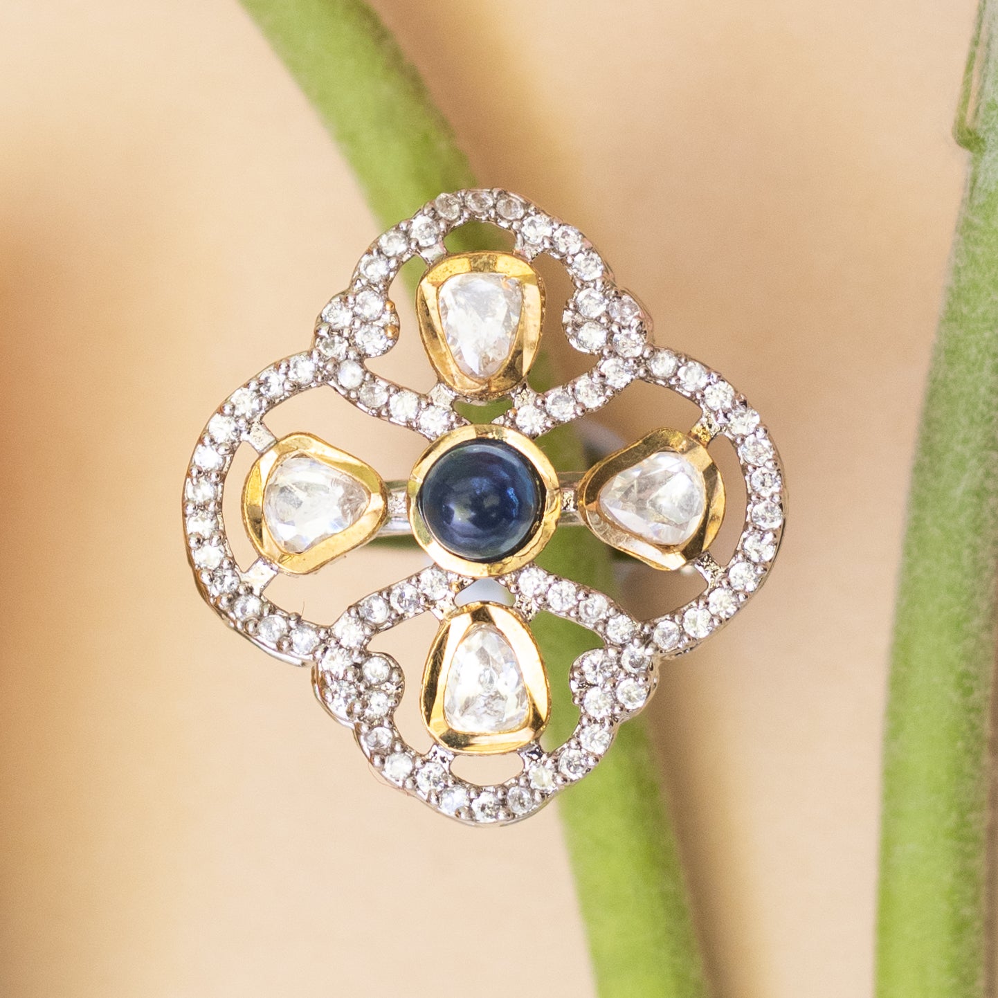 Shreya Victorian style squared shaped Turq Blue AD stones adjustable ring