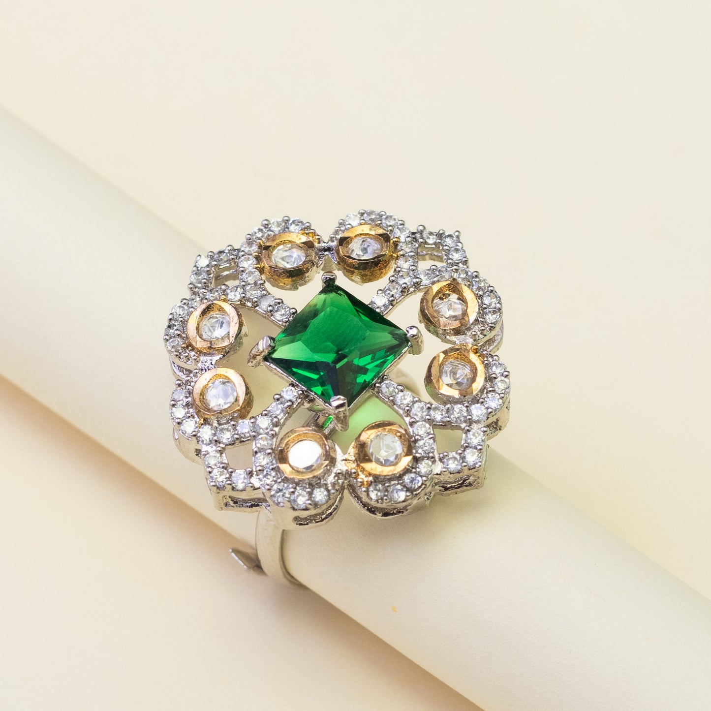 Flora Victorian style white AD stones adjustable ring