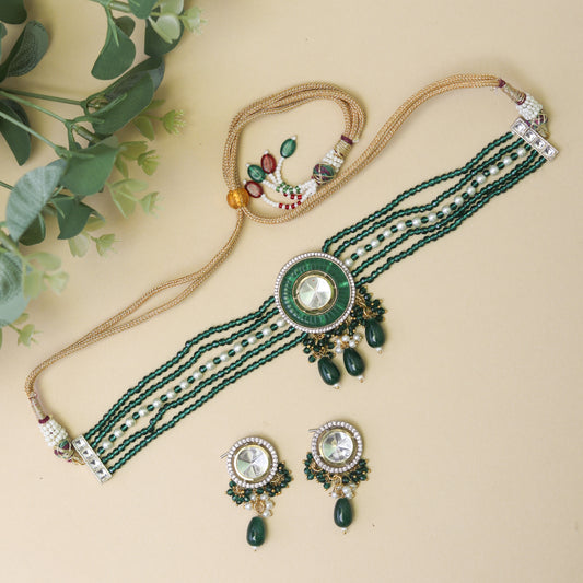 Emerald Green Chokar set with Earrings
