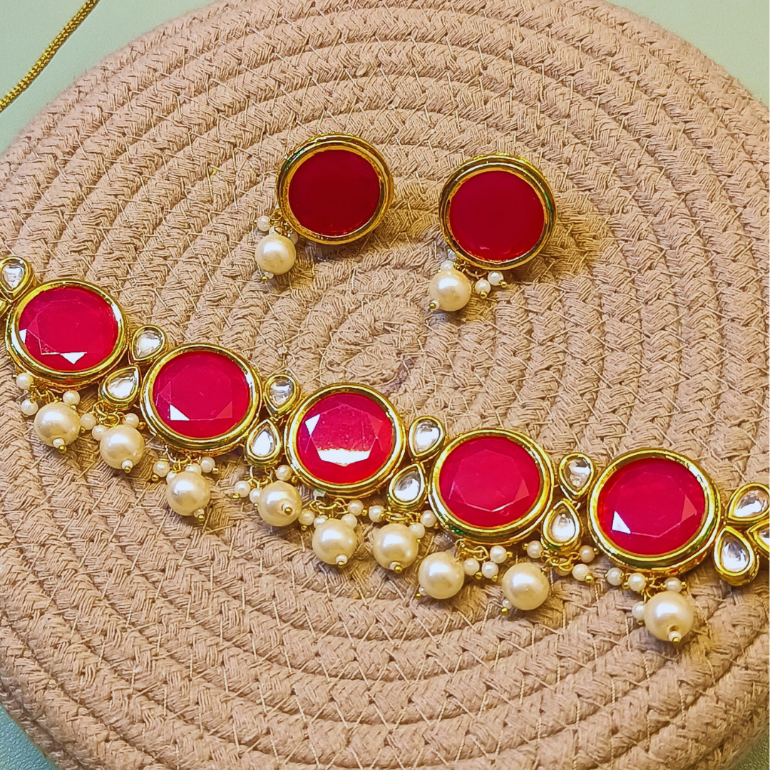 Sierra The Label Traditional Jewellery Set for Women Ethnic Pink Stone Choker Necklace Set Gold Plated Choker Necklace Set for Women and Girls