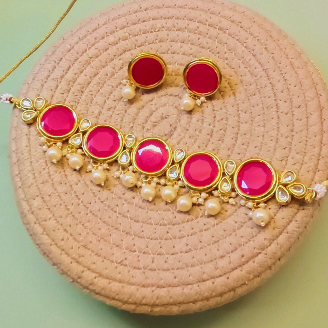 Sierra The Label Traditional Jewellery Set for Women Ethnic Pink Stone Choker Necklace Set Gold Plated Choker Necklace Set for Women and Girls