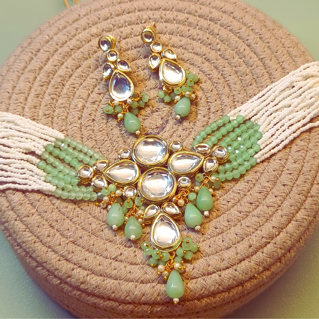 Sierra The Label Stylish Statement Necklace & Earrings With Embellished Green Stones And Faux Pearls For Girls And Women