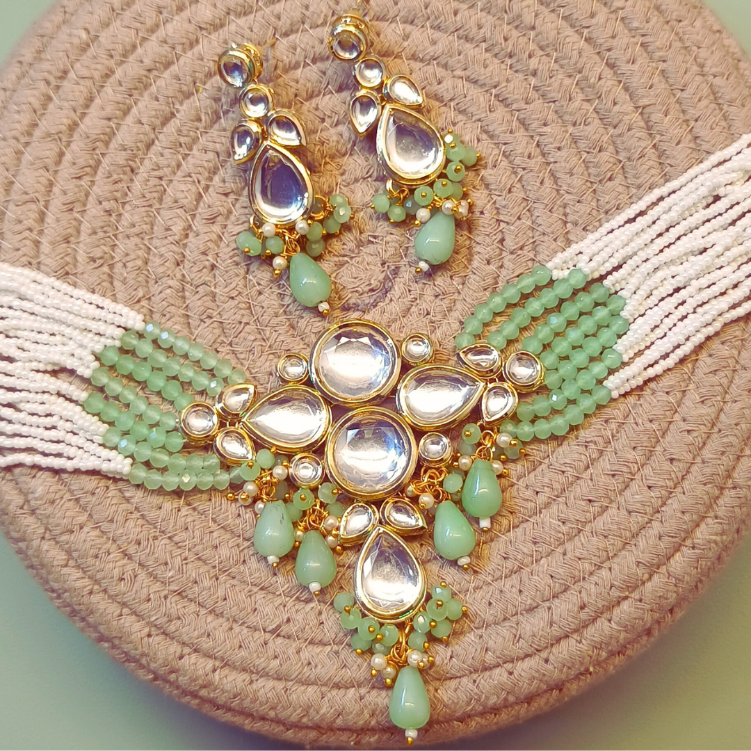 Sierra The Label Stylish Statement Necklace & Earrings With Embellished Green Stones And Faux Pearls For Girls And Women