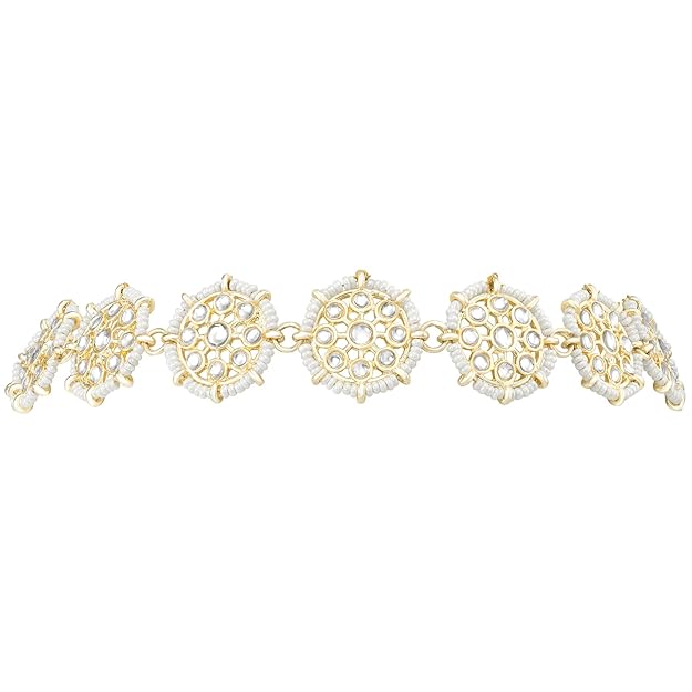 Gold Plated White Kundan Studded Ethnic Sheeshpatti Matha Patti Sheeshphool Dulhan Bridal Stylish Fancy Jewellery Gift for Women & Girls