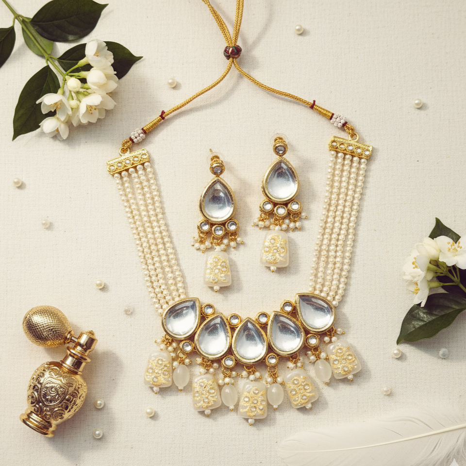 Sierra The Label Indian Traditional Jewellery Kundan Choker Pearl Necklace Earring Set for Women Girls