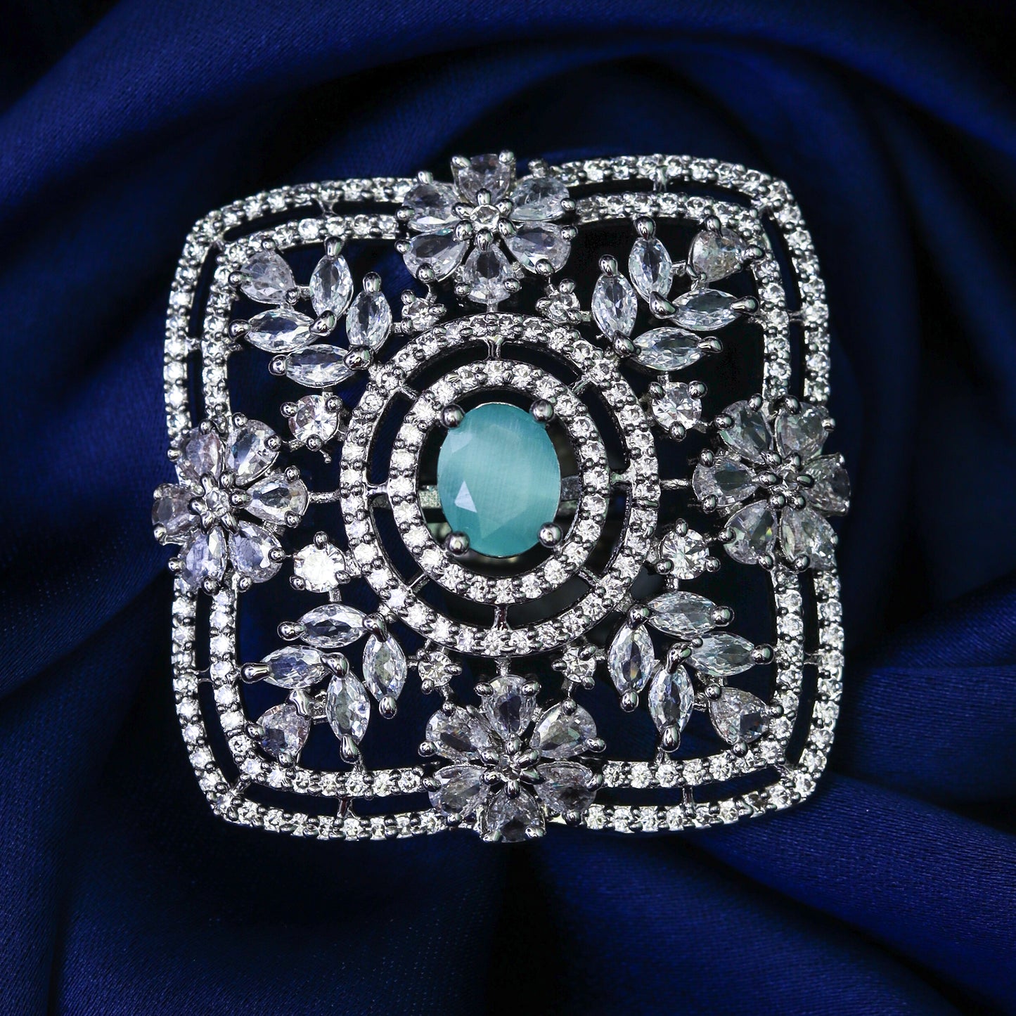 Madhubala Victorian style squared shaped Turq Blue AD stones adjustable ring