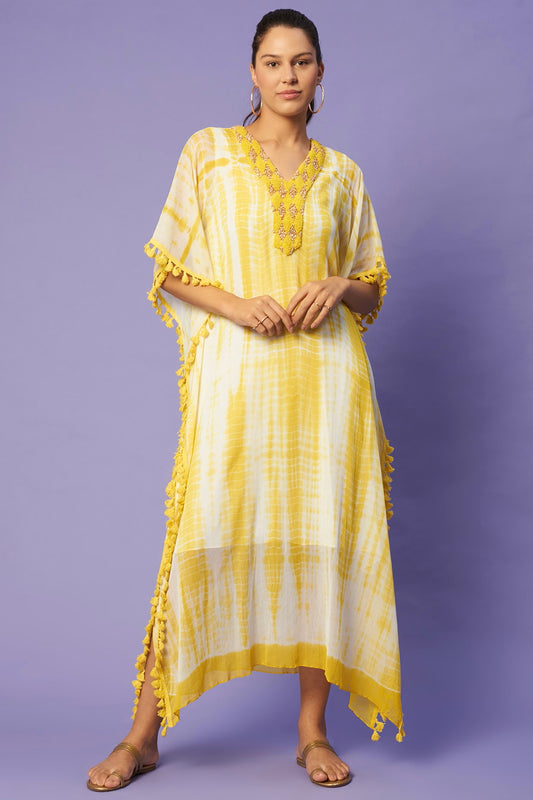 Sierra The Label Yellow Shaded V Neck Kaftan Dress