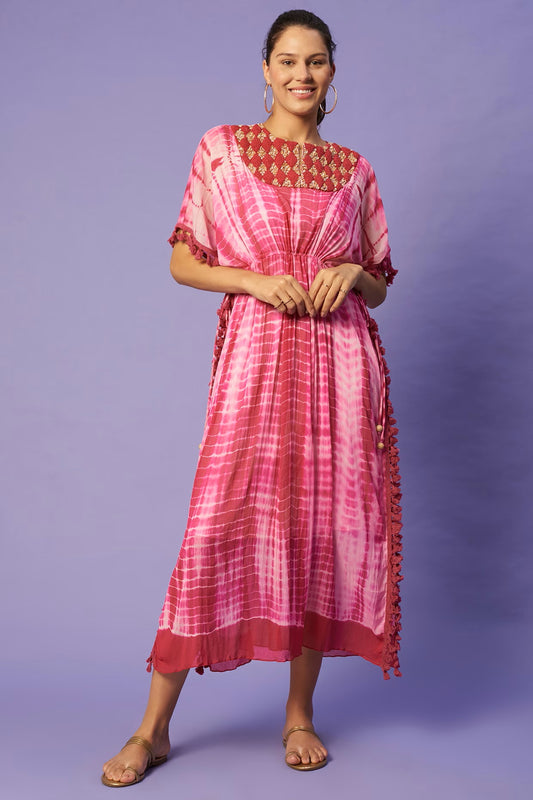 Sierra The Label Pink Shaded Yoke Embroidered Kaftan Dress