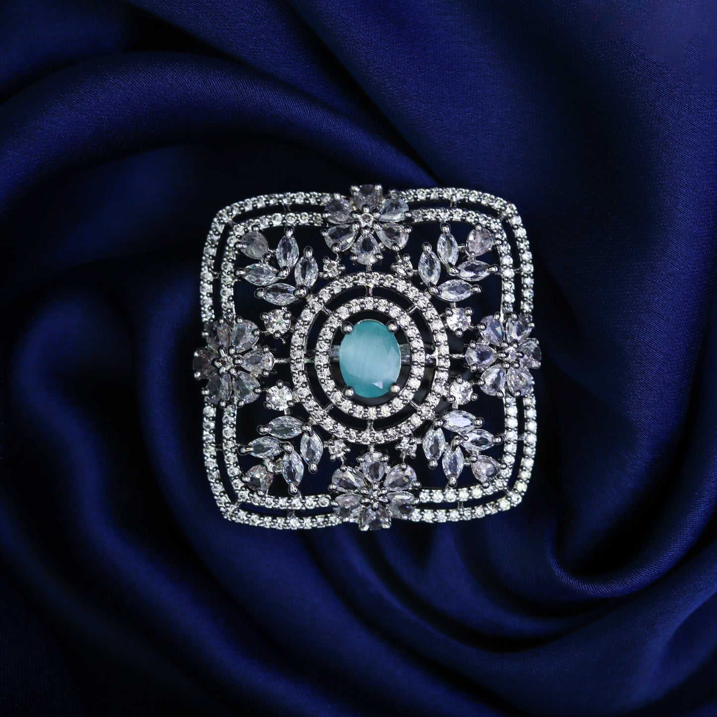Madhubala Victorian style squared shaped Turq Blue AD stones adjustable ring