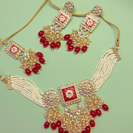 Sierra The Label Indian Traditional Jewellery Red Kundan Choker Necklace Earring Set for Women Girls